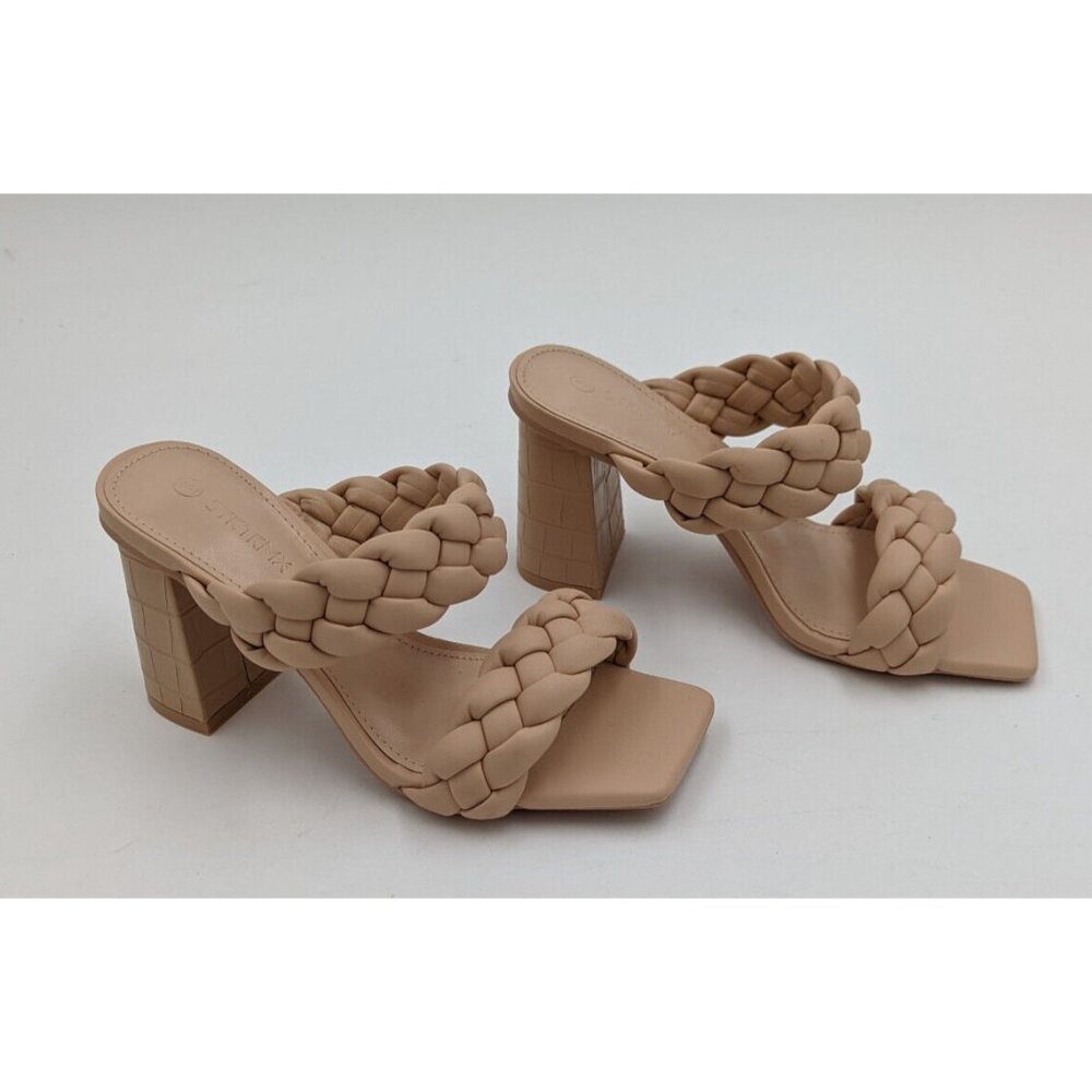 Syktkmx Womens Braided Heels Sandals Beige Nude Backless Square Open Toe Slide 6
